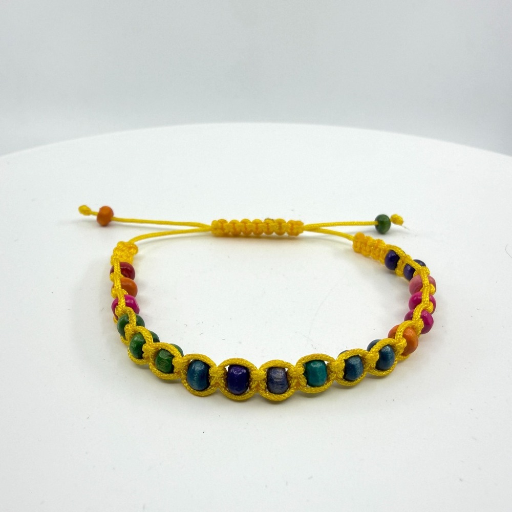 Y2K Bright Rainbow Bead Bracelet Yellow Cord Adjustable Boho Stackable Gift 90s